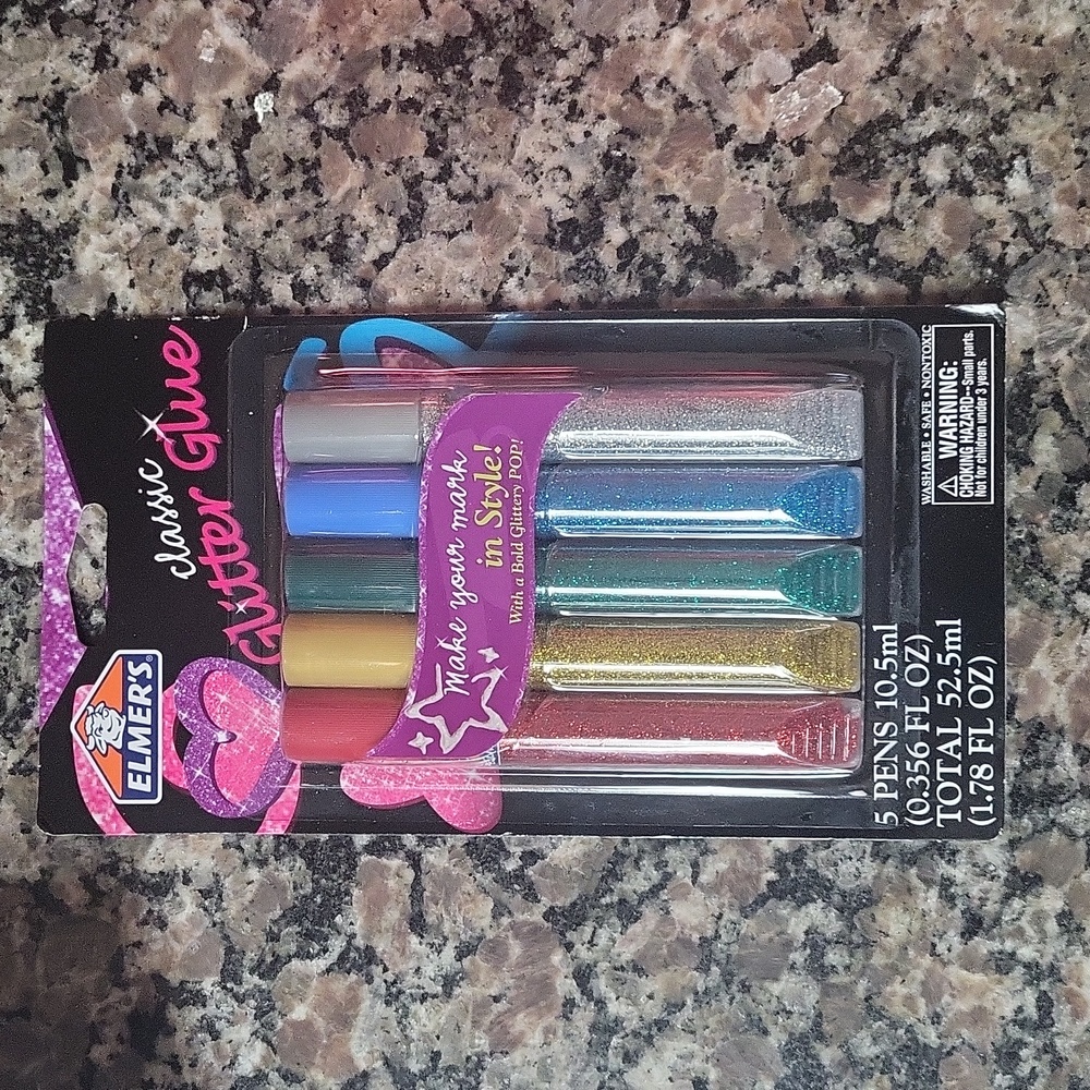 Elmer's Classic Glitter Glue new 5 pens red, gold, green blue silver new